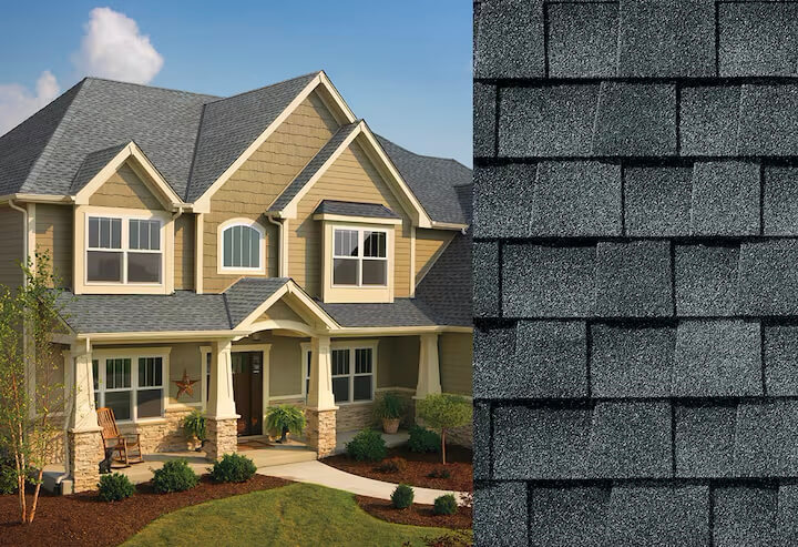 timberline-hdz-pewter-gray-house GAF residential asphalt shingles next to finished house